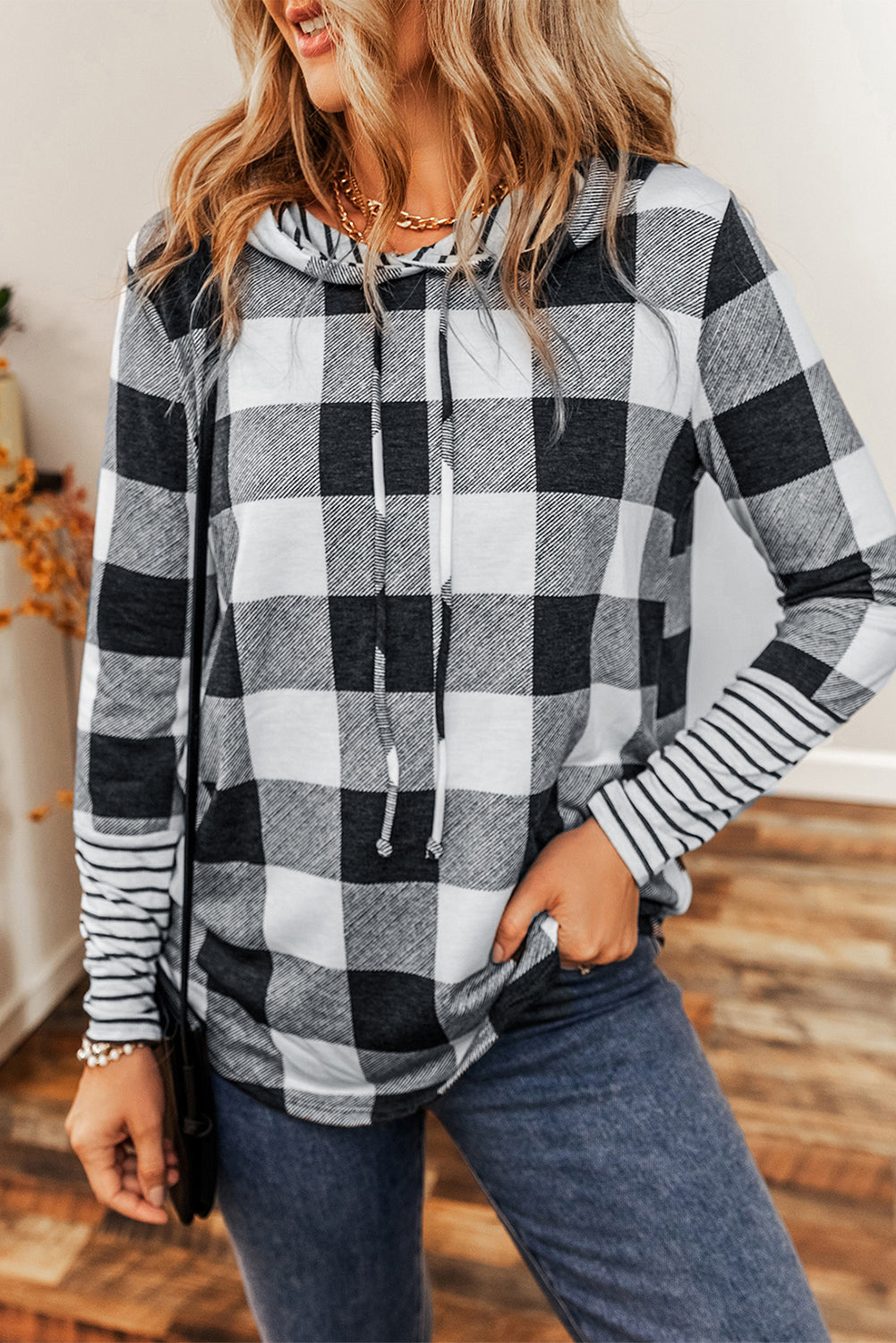 October Plaid Drawstring Hoodie