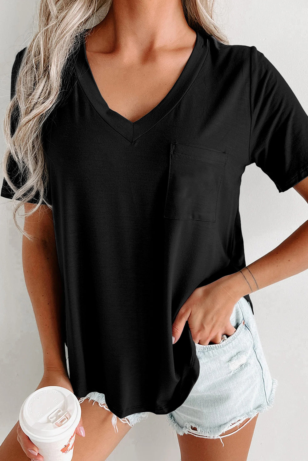 Minimal V Neck Pocket Tee - Black/Grey