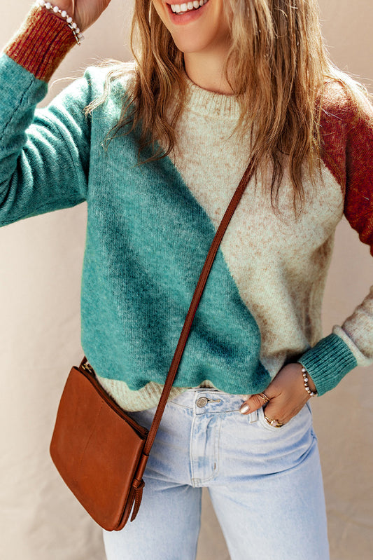 Teal Ribbed Trim Round Neck Sweater