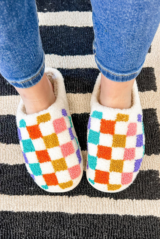 Vibrant Checkered Plush Slippers